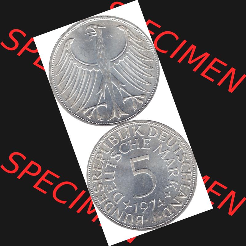 BRD Münzen Silbermünze 1951-1974, 5 DM aus Deutschland, 5 Deutsche Mark Silberadler, Heiermann 1974 Münzzeichen / Mzz. "J" für Hamburg-1.... Sammlung