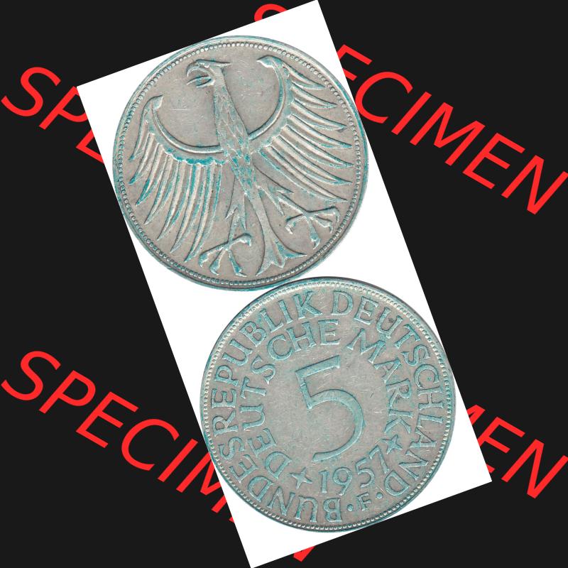 BRD Münzen Silbermünze 1951-1974, 5 DM aus Deutschland, 5 Deutsche Mark Silberadler, Heiermann 1957 F-2. Vorderseite und Rückseite mit Wert-Zahl von 5 DM vertikal... Sammlung