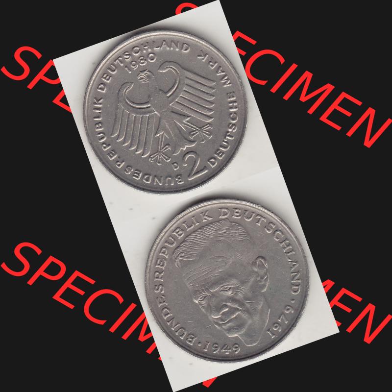BRD Münzen 2 DM, Gedenkmünze 1979-1993, 2 DM, Deutsche Mark Kurt Schumacher 1980 D-1. Vorderseite und Rückseite einer Münze auf einen Bild / Foto,... Sammlung