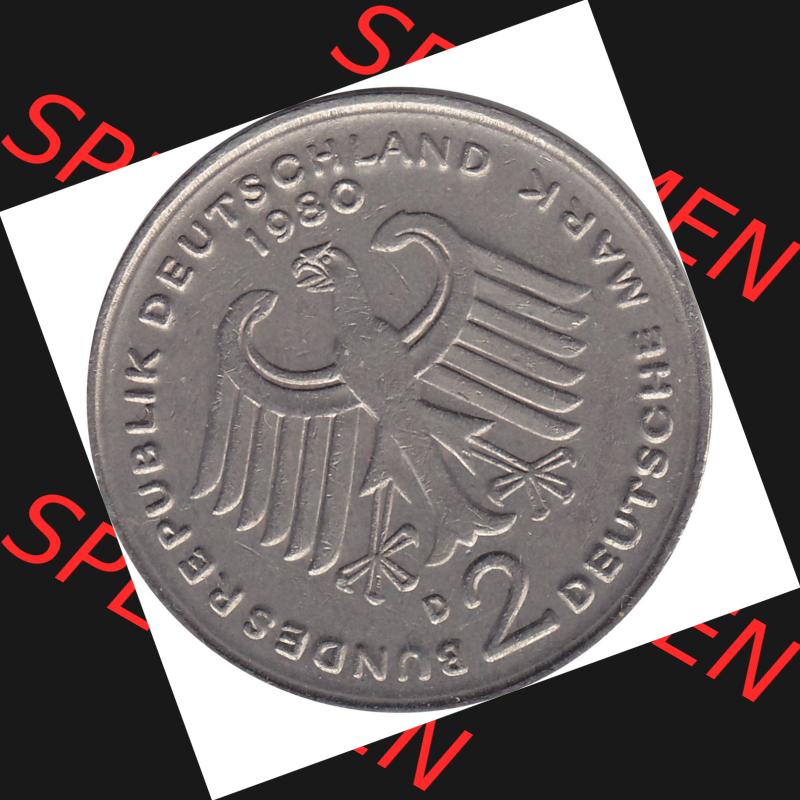 BRD Münzen 2 DM, Gedenkmünze 1979-1993, 2 DM, Deutsche Mark Kurt Schumacher 1980 D-1. Gutes Bild / Foto / Münzenbild der Vorderseite einer 2 DM, 2... Sammlung