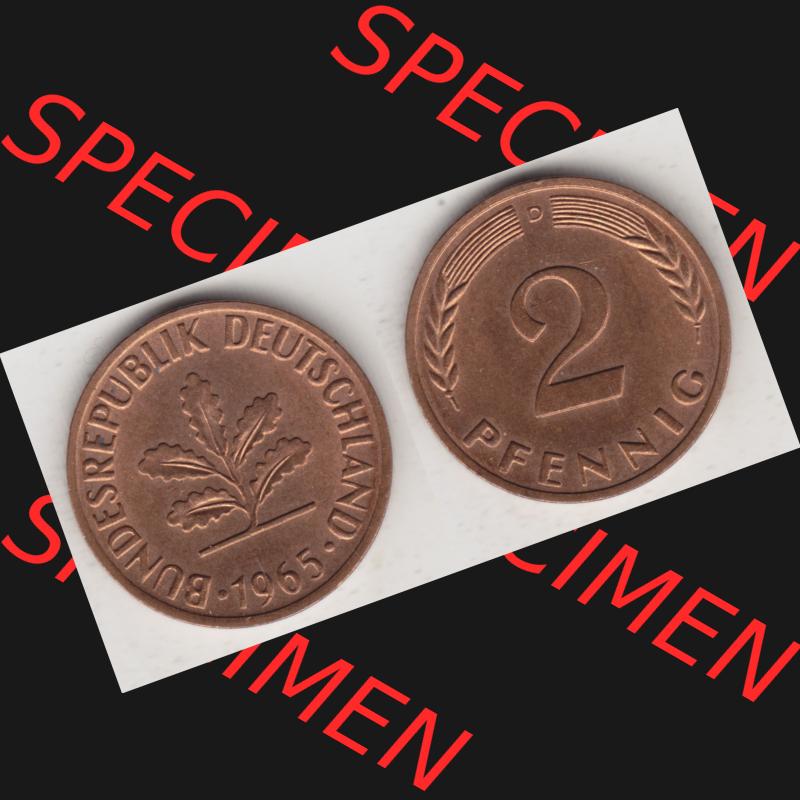 BRD Münze aus Deutschland 1950-2001, 2 Pfennig 1965 D (3) Sammlung