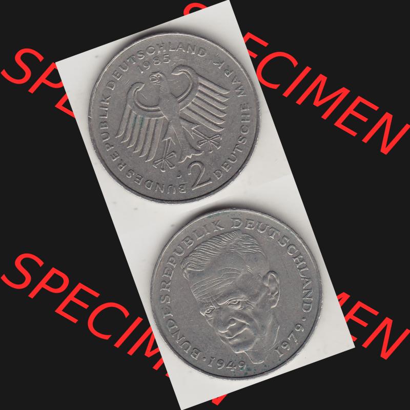 BRD Münzen 2 DM, Gedenkmünze 1979-1993, 2 DM, Deutsche Mark Kurt Schumacher 1985 J-1. Vorderseite und Rückseite einer Münze auf einen Bild / Foto,... Sammlung