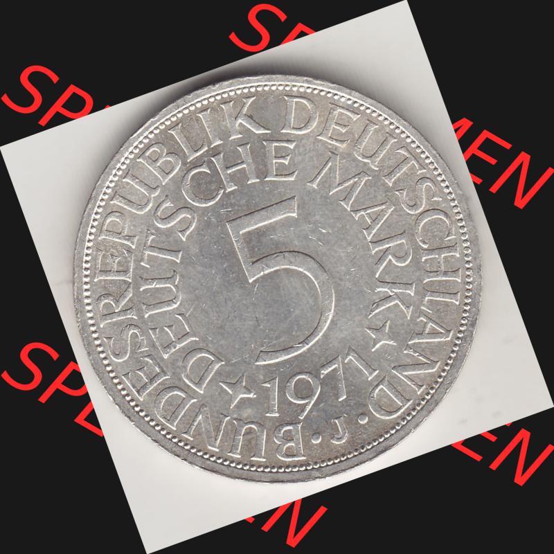 BRD Münzen Silbermünze 1951-1974, 5 DM, 5 Deutsche Mark Silberadler, Heiermann 1971 Münzzeichen / Mzz. "J" für Hamburg - 1. Rückseite... Sammlung