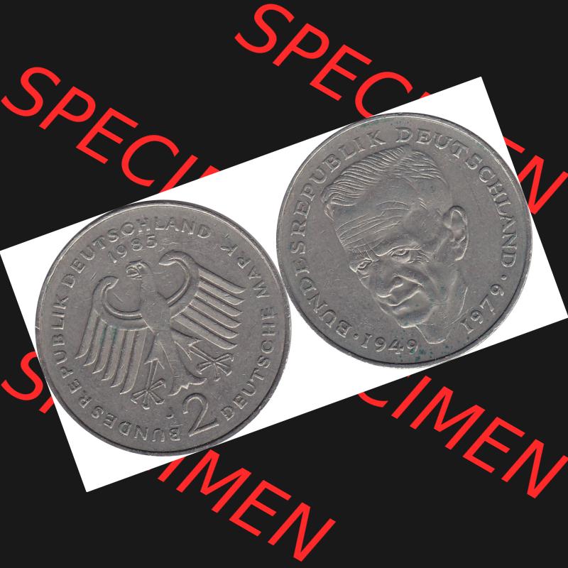 BRD Münzen 2 DM, Gedenkmünze 1979-1993, 2 DM, Deutsche Mark Kurt Schumacher 1985 J-1. Vorderseite und Rückseite mit Wert-Zahl einer 2 DM Kurt Schumacher Gedenkmünze... Sammlung