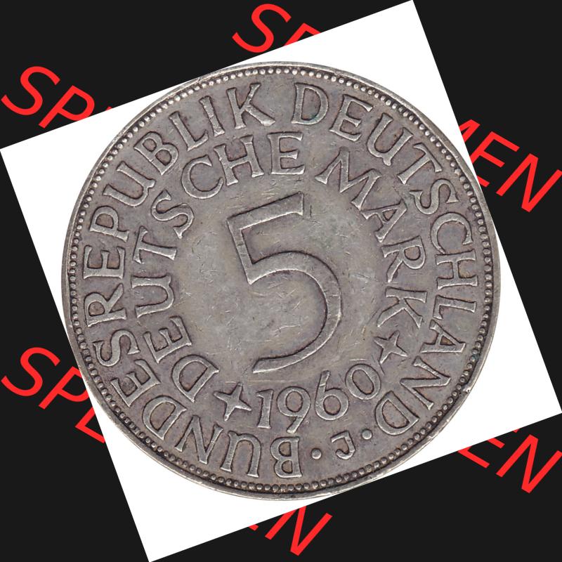 BRD Münzen Silbermünze 1951-1974, 5 DM aus Deutschland, 5 Deutsche Mark Silberadler, Heiermann 1960 Münzzeichen / Mzz. "J" für Hamburg-1.... Sammlung