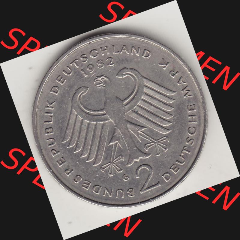 BRD Münzen 2 DM, Gedenkmünze 1979-1993, 2 DM, Deutsche Mark Kurt Schumacher 1982 G-1. Vorderseite einer 2 DM, 2 Deutsche Mark G Gedenkmünze, Mzz.... Sammlung