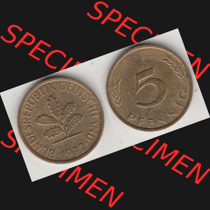 BRD Münzen 5 Pf., Umlaufmünze 1950-2001, 5 Pfennig, 1972 D-1. Vorderseite und Rückseite zusammen auf einen Bild / Foto für Desktop-Computer einer... Sammlung