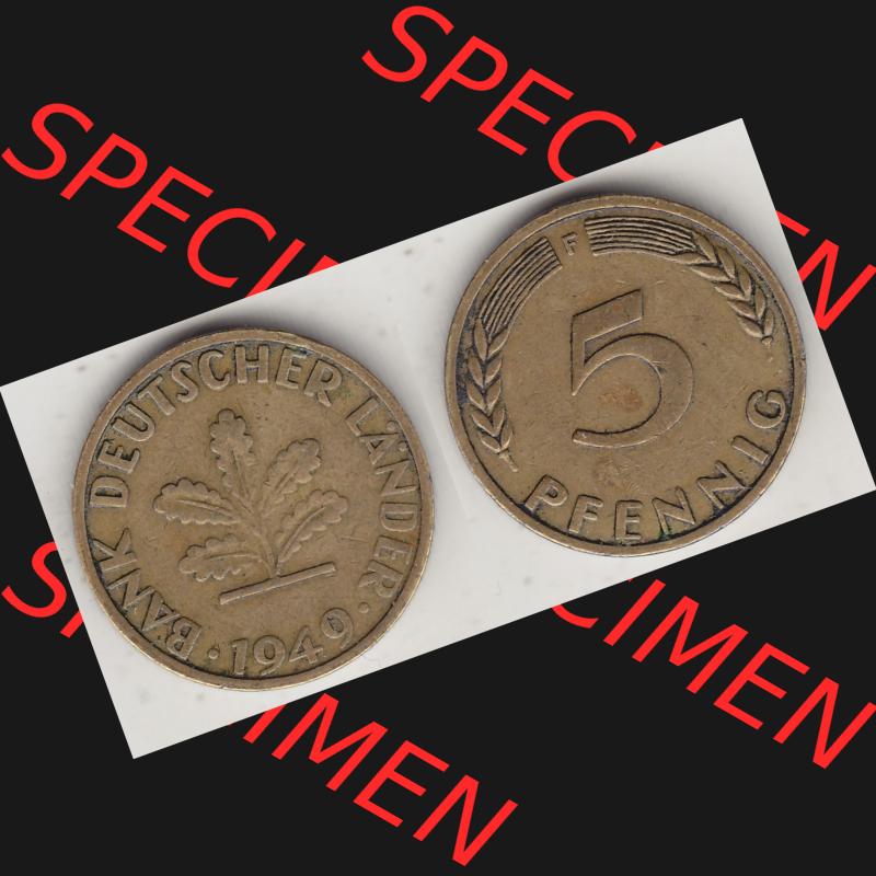 BRD Münzen 5 Pf., Umlaufmünze 1949-1949, 5 Pfennig, 1949 F-1. Vorderseite und Rückseite zusammen auf einen Bild / Foto für Desktop-Computer einer... Sammlung