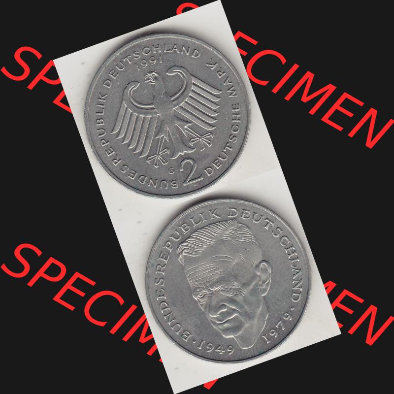BRD Münzen 2 DM, Gedenkmünze 1979-1993, 2 DM, Deutsche Mark Kurt Schumacher 1991 G-1. Vorderseite und Rückseite einer Münze auf einen Bild / Foto,... Sammlung