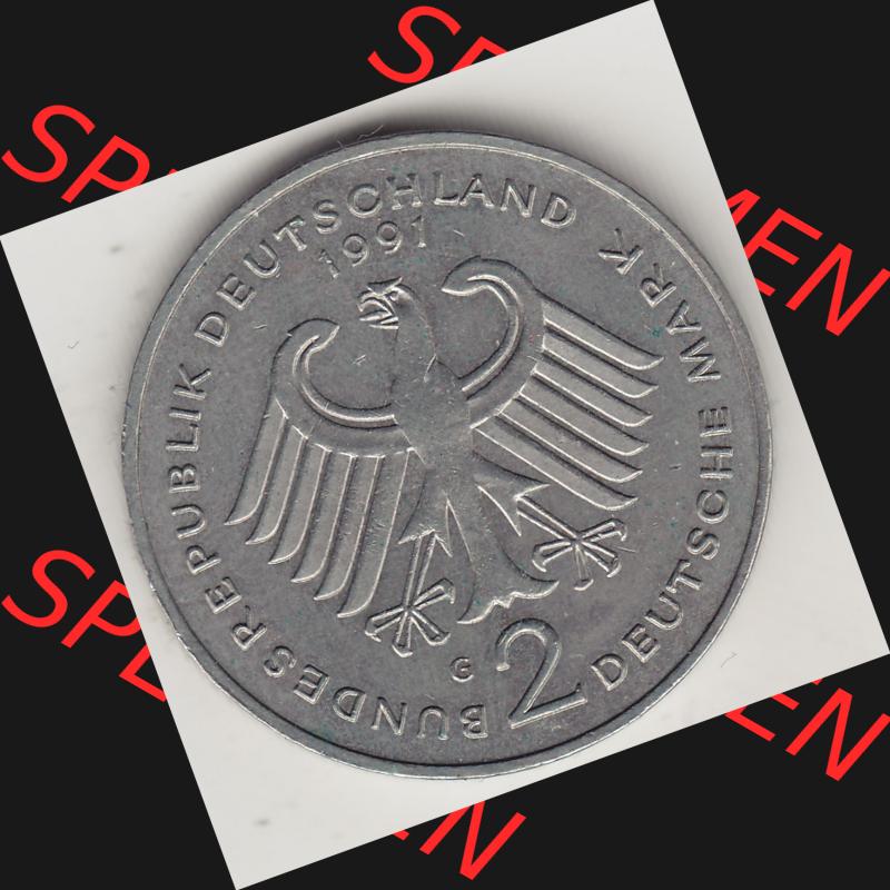BRD Münzen 2 DM, Gedenkmünze 1979-1993, 2 DM, Deutsche Mark Kurt Schumacher 1991 G-1. Vorderseite einer 2 DM, 2 Deutsche Mark G Gedenkmünze, Mzz.... Sammlung