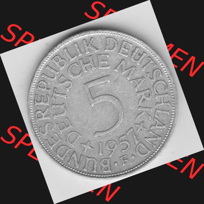 BRD Münzen Silbermünze 1951-1974, 5 DM, 5 Deutsche Mark Silberadler, Heiermann 1957 F-1. Rückseite auf einen Bild/Foto mit Wert-Zahl von 5 Deutsche Mark einer... Sammlung