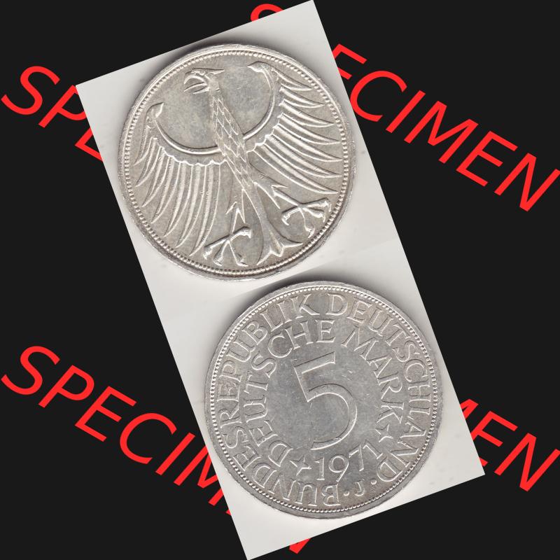 BRD Münzen Silbermünze 1951-1974, 5 DM, 5 Deutsche Mark Silberadler, Heiermann 1971 Münzzeichen / Mzz. "J" für Hamburg - 1. Vorderseite... Sammlung