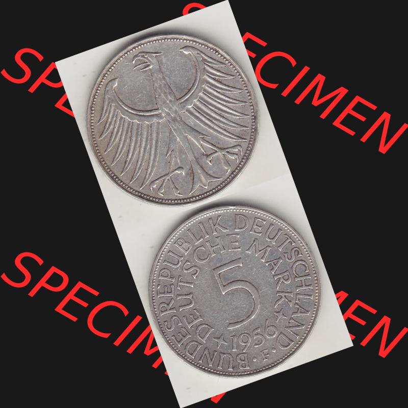 BRD Münzen Silbermünze 1951-1974, 5 DM, 5 Deutsche Mark Silberadler, Heiermann 1956 F-1. Vorderseite und Rückseite vom 5 DM Silberadler auf einen Bild/Foto für... Sammlung