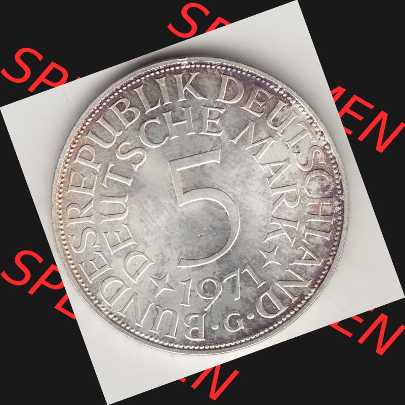 BRD Münzen Silbermünze 1951-1974, 5 DM, 5 Deutsche Mark Silberadler, Heiermann 1971 Münzzeichen / Mzz. "G" für Karlsruhe - 1. Rückseite... Sammlung