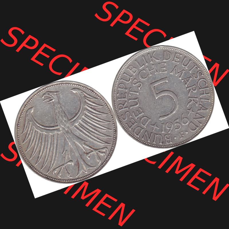 BRD Münzen Silbermünze 1951-1974, 5 DM aus Deutschland, 5 Deutsche Mark Silberadler, Heiermann 1956 Münzzeichen / Mzz. "F" für Stuttgart-1.... Sammlung