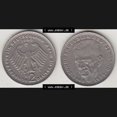 BRD Münzen 2 DM, Gedenkmünze 1979-1993, 2 DM, Deutsche Mark Kurt Schumacher 1980 D-1. VS-RS auf einen Bild / Foto einer 2 DM, 2 Deutsche Mark D Gedenkmünze,... Sammlung