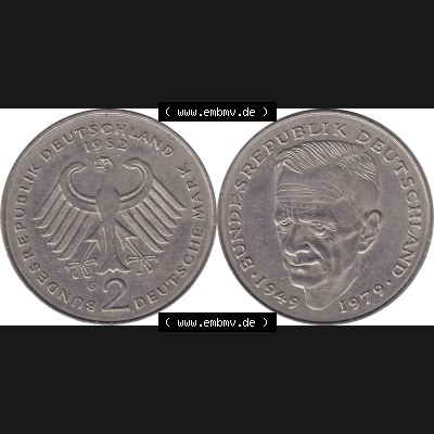 BRD Münzen 2 DM, Gedenkmünze 1979-1993, 2 DM, Deutsche Mark Kurt Schumacher Deutschland 1982 G-1. Vorderseite und Rückseite mit Wert-Zahl einer 2 DM Kurt Schumacher... Sammlung