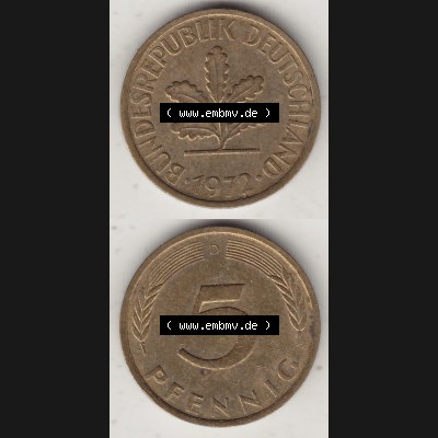 BRD Münzen 5 Pf., Umlaufmünze 1950-2001, 5 Pfennig, 1972 D-1. Vorderseite und Rückseite vertikal untereinander zusammen auf einen Bild / Foto für... Sammlung