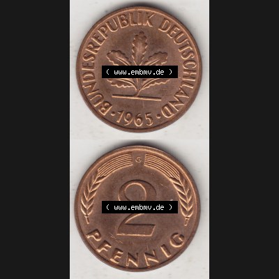 BRD Münze aus Deutschland 1950-2001, 2 Pfennig 1965 G (4) Sammlung