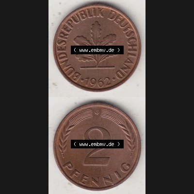 BRD Münze aus Deutschland 1950-2001, 2 Pfennig 1962 G (4) Sammlung