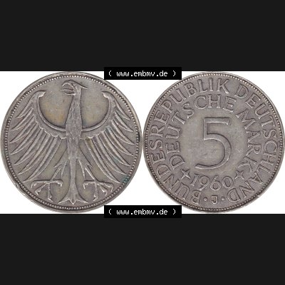 BRD Münzen Silbermünze 1951-1974, 5 DM aus Deutschland, 5 Deutsche Mark Silberadler, Heiermann 1960 Münzzeichen / Mzz. "J" für Hamburg-1.... Sammlung
