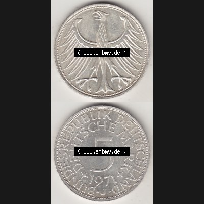 BRD Münzen Silbermünze 1951-1974, 5 DM, 5 Deutsche Mark Silberadler, Heiermann 1971 Münzzeichen / Mzz. "J" für Hamburg - 1. Vorderseite... Sammlung