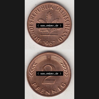 BRD Münze aus Deutschland 1950-2001, 2 Pfennig 1967 J (4) Sammlung