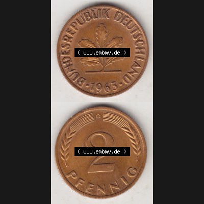 BRD Münze aus Deutschland 1950-2001, 2 Pfennig 1963 D (4) Sammlung