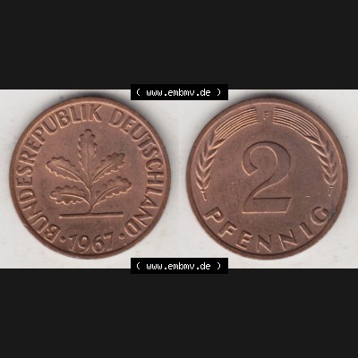 BRD Münze aus Deutschland 1950-2001, 2 Pfennig 1967 F (3) Sammlung