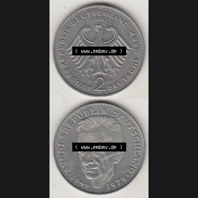 BRD Münzen 2 DM, Gedenkmünze 1979-1993, 2 DM, Deutsche Mark Kurt Schumacher 1991 G-1. Vorderseite und Rückseite einer Münze auf einen Bild / Foto,... Sammlung