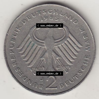 BRD Münzen 2 DM, Gedenkmünze 1979-1993, 2 DM, Deutsche Mark Kurt Schumacher 1985 J-1. Vorderseite einer 2 DM, 2 Deutsche Mark J Gedenkmünze, Mzz.... Sammlung