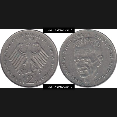 BRD Münzen 2 DM, Gedenkmünze 1979-1993, 2 DM, Deutsche Mark Kurt Schumacher 1985 J-1. Vorderseite und Rückseite mit Wert-Zahl einer 2 DM Kurt Schumacher Gedenkmünze... Sammlung