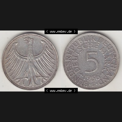 BRD Münzen Silbermünze 1951-1974, 5 DM, 5 Deutsche Mark Silberadler, Heiermann 1956 F-1. Vorderseite und Rückseite auf einen Bild/Foto mit Wert-Zahl von 5 Deutsche... Sammlung