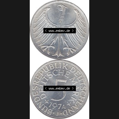 BRD Münzen Silbermünze 1951-1974, 5 DM aus Deutschland, 5 Deutsche Mark Silberadler, Heiermann 1974 Münzzeichen / Mzz. "J" für Hamburg-1.... Sammlung