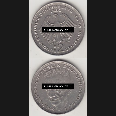 BRD Münzen 2 DM, Gedenkmünze 1979-1993, 2 DM, Deutsche Mark Kurt Schumacher 1980 D-1. Vorderseite und Rückseite einer Münze auf einen Bild / Foto,... Sammlung