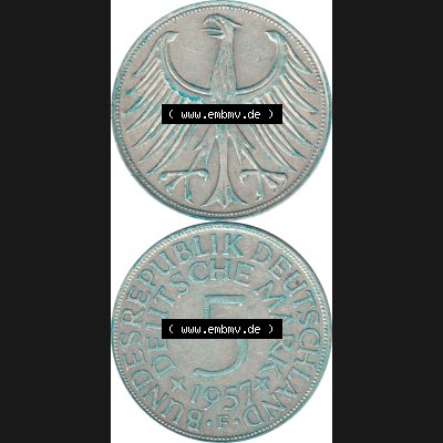 BRD Münzen Silbermünze 1951-1974, 5 DM aus Deutschland, 5 Deutsche Mark Silberadler, Heiermann 1957 F-2. Vorderseite und Rückseite mit Wert-Zahl von 5 DM vertikal... Sammlung