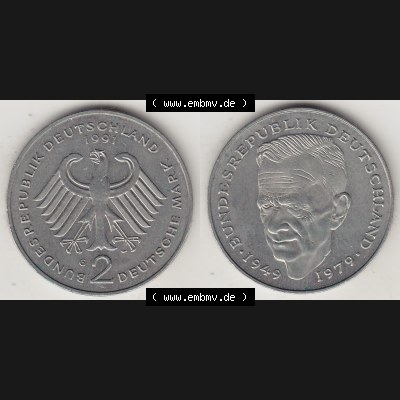 BRD Münzen 2 DM, Gedenkmünze 1979-1993, 2 DM, Deutsche Mark Kurt Schumacher 1991 G-1. VS-RS auf einen Bild / Foto einer 2 DM, 2 Deutsche Mark G Gedenkmünze,... Sammlung