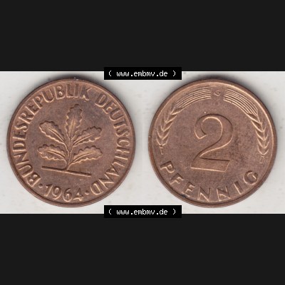 BRD Münze aus Deutschland 1950-2001, 2 Pfennig 1964 G (3) Sammlung