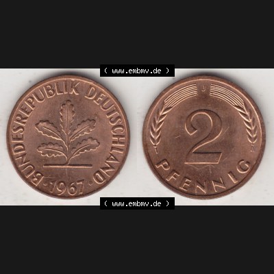 BRD Münze aus Deutschland 1950-2001, 2 Pfennig 1967 J (3) Sammlung