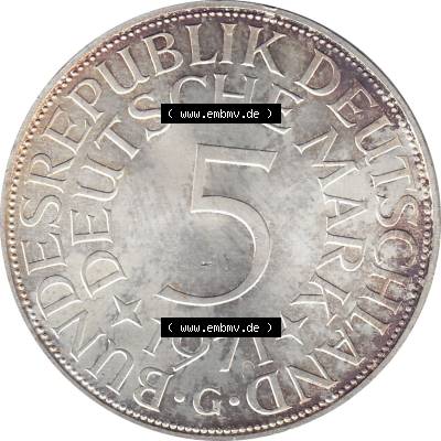 BRD Münzen Silbermünze 1951-1974, 5 DM aus Deutschland, 5 Deutsche Mark Silberadler, Heiermann 1971 Münzzeichen / Mzz. "G" für Karlsruhe-1.... Sammlung