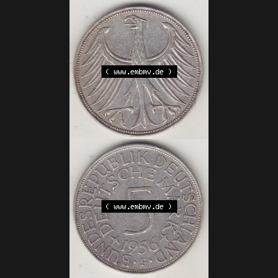 BRD Münzen Silbermünze 1951-1974, 5 DM, 5 Deutsche Mark Silberadler, Heiermann 1956 F-1. Vorderseite und Rückseite vom 5 DM Silberadler auf einen Bild/Foto für... Sammlung