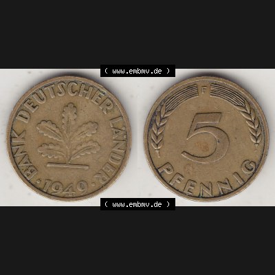 BRD Münzen 5 Pf., Umlaufmünze 1949-1949, 5 Pfennig, 1949 F-1. Vorderseite und Rückseite zusammen auf einen Bild / Foto für Desktop-Computer einer... Sammlung