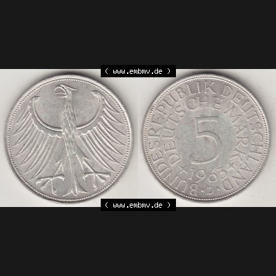BRD Münzen Silbermünze 1951-1974, 5 DM, 5 Deutsche Mark Silberadler, Heiermann 1963 Münzzeichen / Mzz. "D" für München - 1. Vorderseite... Sammlung