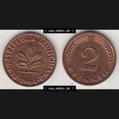 BRD Münze aus Deutschland 1950-2001, 2 Pfennig 1964 J (3) Sammlung