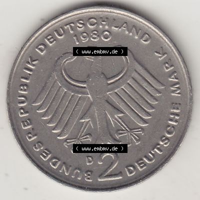 BRD Münzen 2 DM, Gedenkmünze 1979-1993, 2 DM, Deutsche Mark Kurt Schumacher 1980 D-1. Vorderseite einer 2 DM, 2 Deutsche Mark D Gedenkmünze, Mzz.... Sammlung