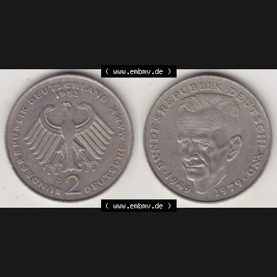 BRD Münzen 2 DM, Gedenkmünze 1979-1993, 2 DM, Deutsche Mark Kurt Schumacher 1983 D-1. VS-RS auf einen Bild / Foto einer 2 DM, 2 Deutsche Mark D Gedenkmünze,... Sammlung