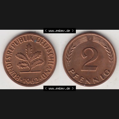 BRD Münze aus Deutschland 1950-2001, 2 Pfennig 1962 F (3) Sammlung