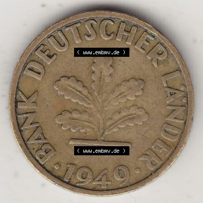 BRD Münzen 5 Pf., Umlaufmünze 1949-1949, 5 Pfennig, 1949 F-1. Vorderseite einer 5 Pfennig F, Mzz. F für Stuttgart - Münze aus Deutschland... Sammlung