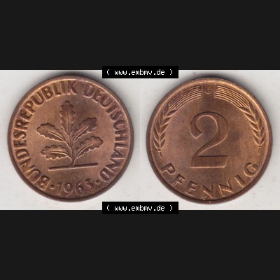 BRD Münze aus Deutschland 1950-2001, 2 Pfennig 1963 G (3) Sammlung