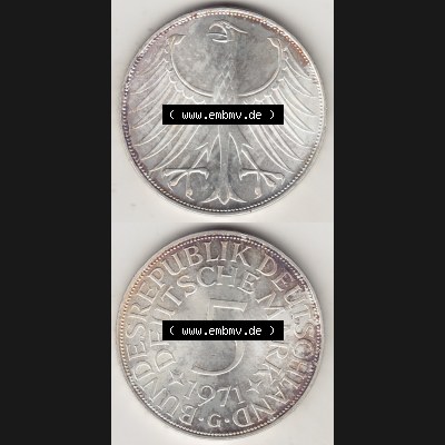 BRD Münzen Silbermünze 1951-1974, 5 DM, 5 Deutsche Mark Silberadler, Heiermann 1971 Münzzeichen / Mzz. "G" für Karlsruhe - 1. Vorderseite... Sammlung